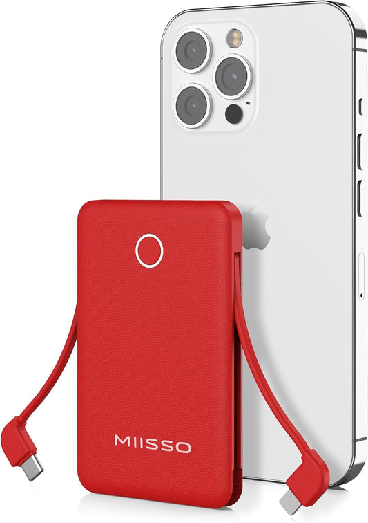 6000mah Ultra Slim Built in Cables Power Bank, Card Size Built in USB C Cords Battery Pack Portable Charger for Phones, 3 Output External Battery Pack Compatible with iPhone, Samsung, Google, Red