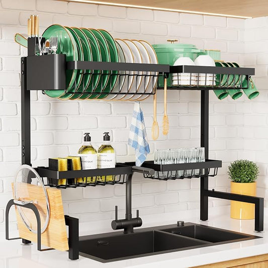 Kitsure Over The Sink Dish Drying Rack - 26.8" to 33.9"x21.5", Adjustable Sink Drying Rack for Kitchen Sink with Large Capacity, 2-Tier Dish Rack Over Sink with Multifunctional Baskets, Black