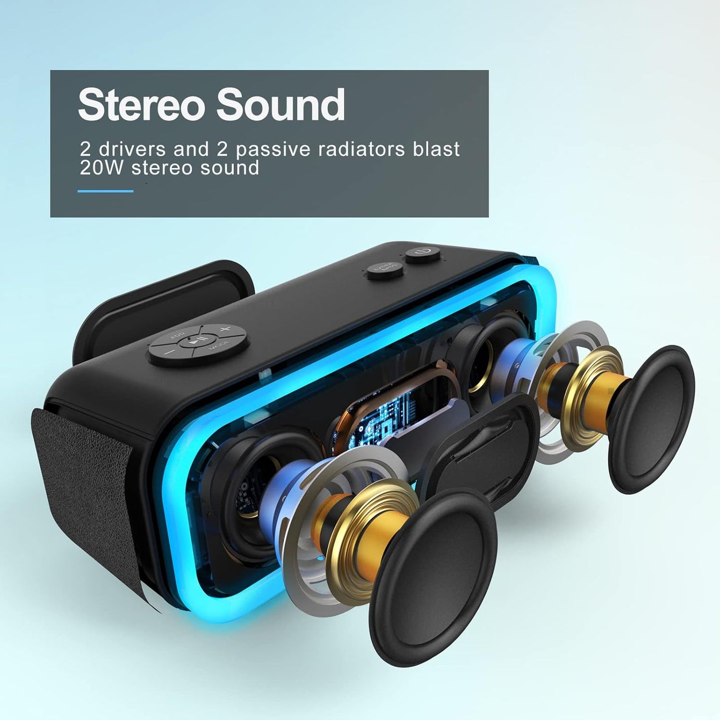 DOSS SoundBox Pro Bluetooth Speaker with 20W Stereo Sound, Active Extra Bass, IPX6 Waterproof, TWS Pairing, Multi-Colors Lights, 20H Playtime, Portable for Beach, Outdoor-Blue