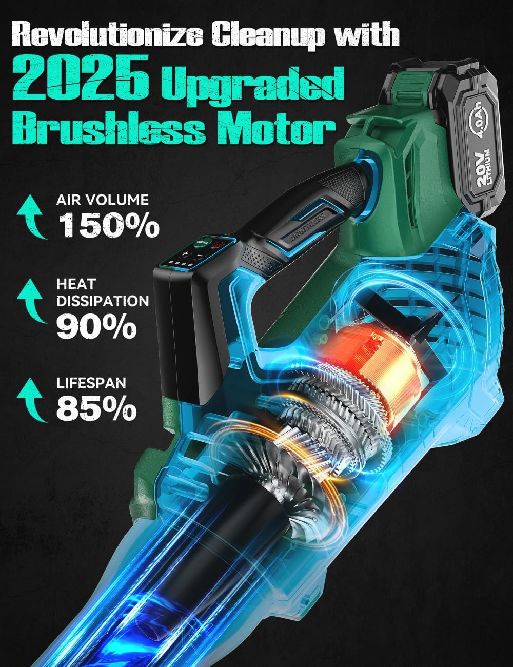 KIMO Cordless Leaf Blower with Battery and Charger, 750CFM 220MPH, 4 Speeds w/Turbo Mode, Brushless Motor, 3 Extended Tube, 4000mAh Battery Powered Leaf Blowers for Lawn Care Patio Cleaning Wet Leaves