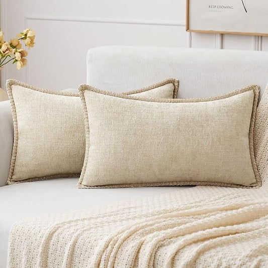 MIULEE Pack of 2 Lumbar Throw Pillow Covers 12x20 Inch Beige Farmhouse Decorative Pillow Covers with Stitched Edge Soft Chenille Solid Dyed Pillow Covers for Couch Sofa Bed Living Room