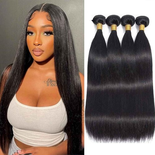 Straight Bundles Human Hair 18 20 22 24 Inch 100% Unprocessed Brazilian Virgin Hair 4 Bundles Human Hair Trippy Hair Weave Bundle Extension for Black Women Natural Color