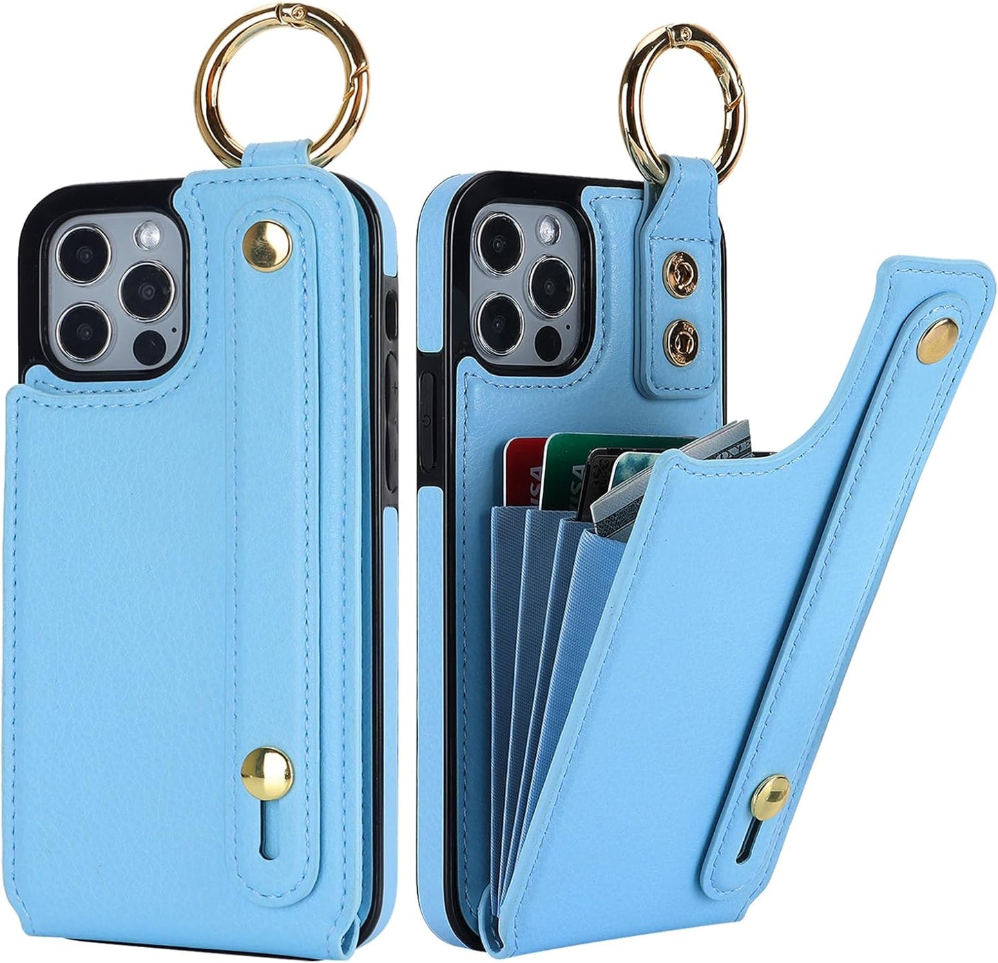 Folosu for iPhone 12/12 Pro Wallet Case with Card Holder, Hand Wrist Strap Loop Holder Kickstand, RFID Blocking Finger Grip Ring PU Leather Double Buttons Shockproof Cover 6.1" Blue"