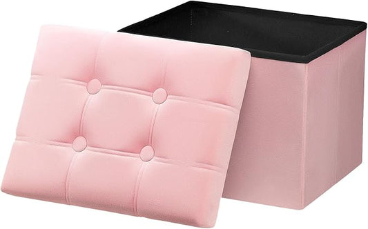 AmasSmile Storage Ottoman Foot Rest Stool, 17 inches Velvet Footstool Bench, Short Ottoman Stool, Small Folding Blanket Ottomans Store Books, Records, Pink