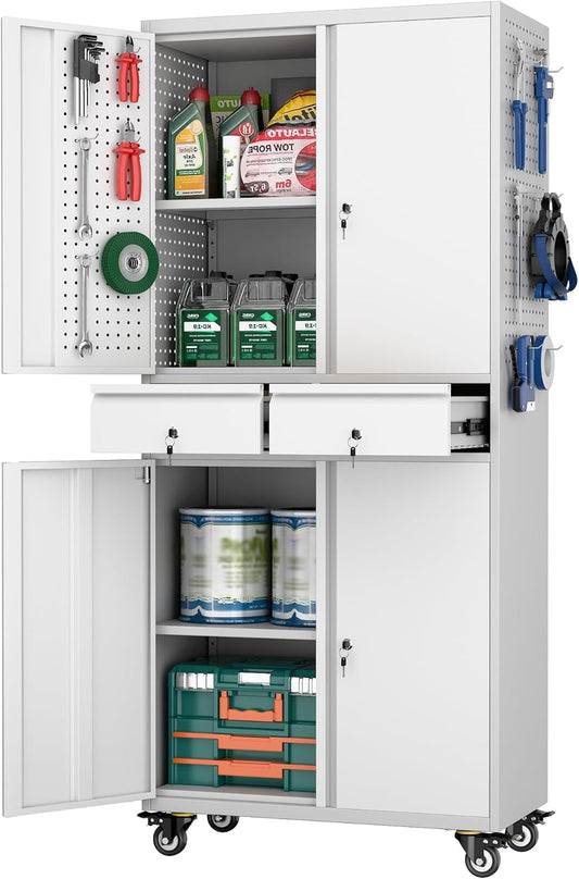 Metal Garage Storage Cabinet with Locking Doors and 2 Adjustable Shelves, Rolling Tool Storage Cabinet with 4 Wheels and 2 Drawer for Garage, Warehouse, White and Gray, Assembly Required