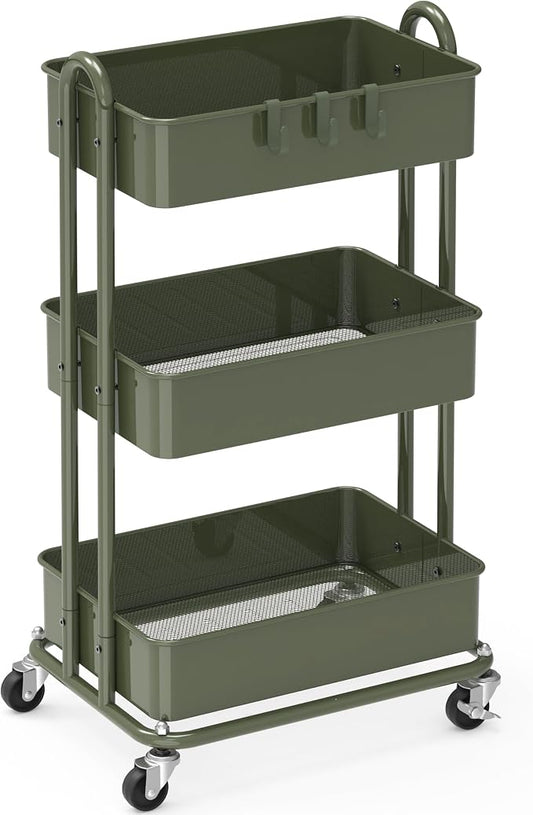 Simple Houseware 3-Tier Heavy Duty Metal Utility Rolling Cart, Army Green
