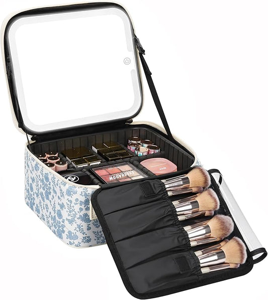 Relavel Travel Makeup Bag with LED Mirror, Portable Cosmetic Train Case with 3 Color Lighted Brightness Mirror, Makeup Artist Organizer Storage with Adjustable Dividers Make Up Box - Blue Flower
