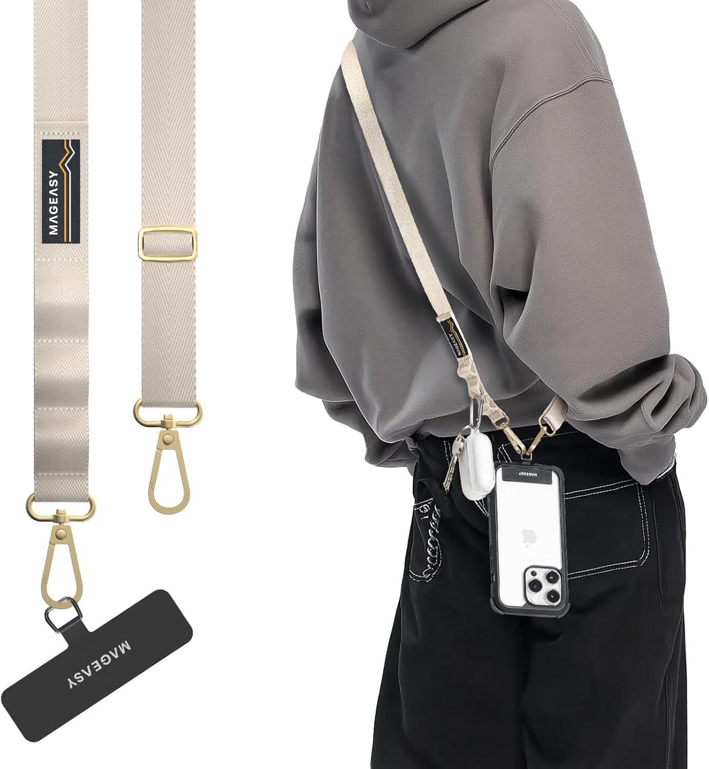 MAGEASY Universal Cell Phone Lanyard Crossbody - Anti-Theft Crossbody Phone Strap for iPhone 16 Pro Max & Most Smartphones, for Men & Women | 20mm (Starlight)