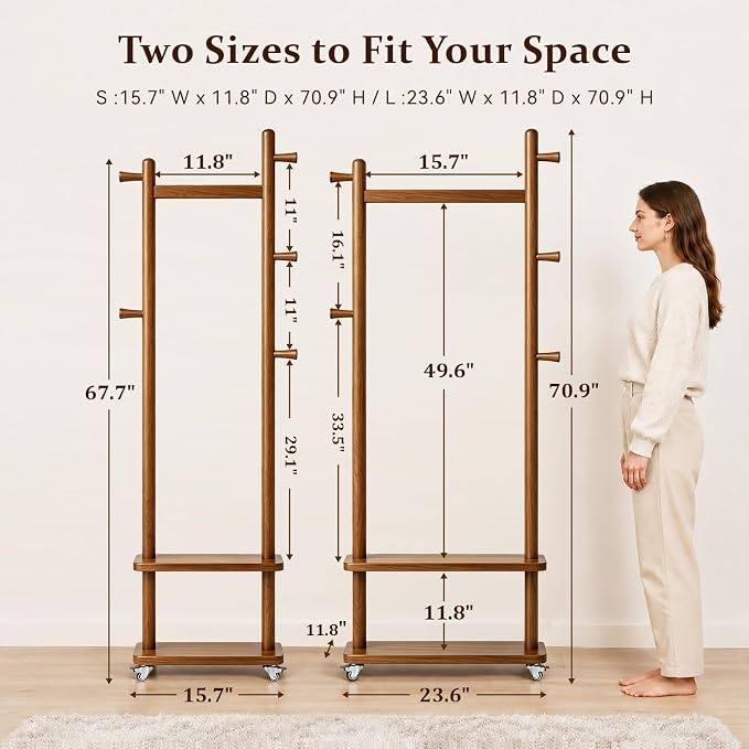 Taitiy Coat Rack Freestanding Clothing Rack with Wheels & 2 Shelves Storage & 5 Hooks Heavy Duty Clothes Rack Wood Coat Tree Stand Hat Hanger Rack for Corner Bedroom Entryway Living Room Hotel Size L