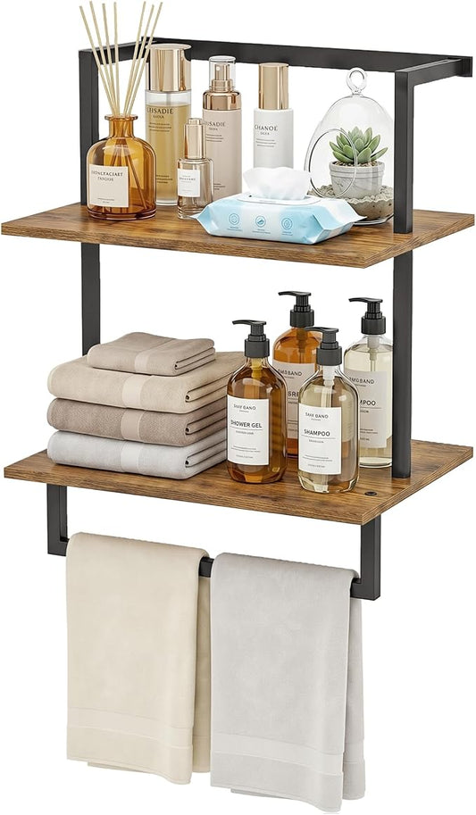 Wall Mounted Towel Rack for Bathroom, Bath Storage Holder 3-Tier Steel Wood Towel Shelf with Bar, Rustic Brown
