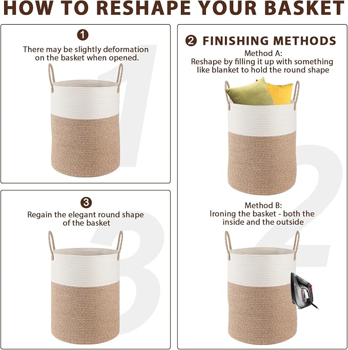 OIAHOMY Large Laundry Basket Hamper - 60L Cotton Rope Woven Basket for Blankets, Toys, Clothes - Tall Decorative Nursery Hamper with Long Handles, Brown/White