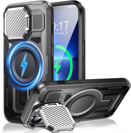 Camera Stand Case for iPhone 13 Pro, [Compatible with MagSafe] [Lens Cover] 2024 Version Military Grade Protective Soft Case for iPhone 13 Pro 6.1 inch Men Women, Black