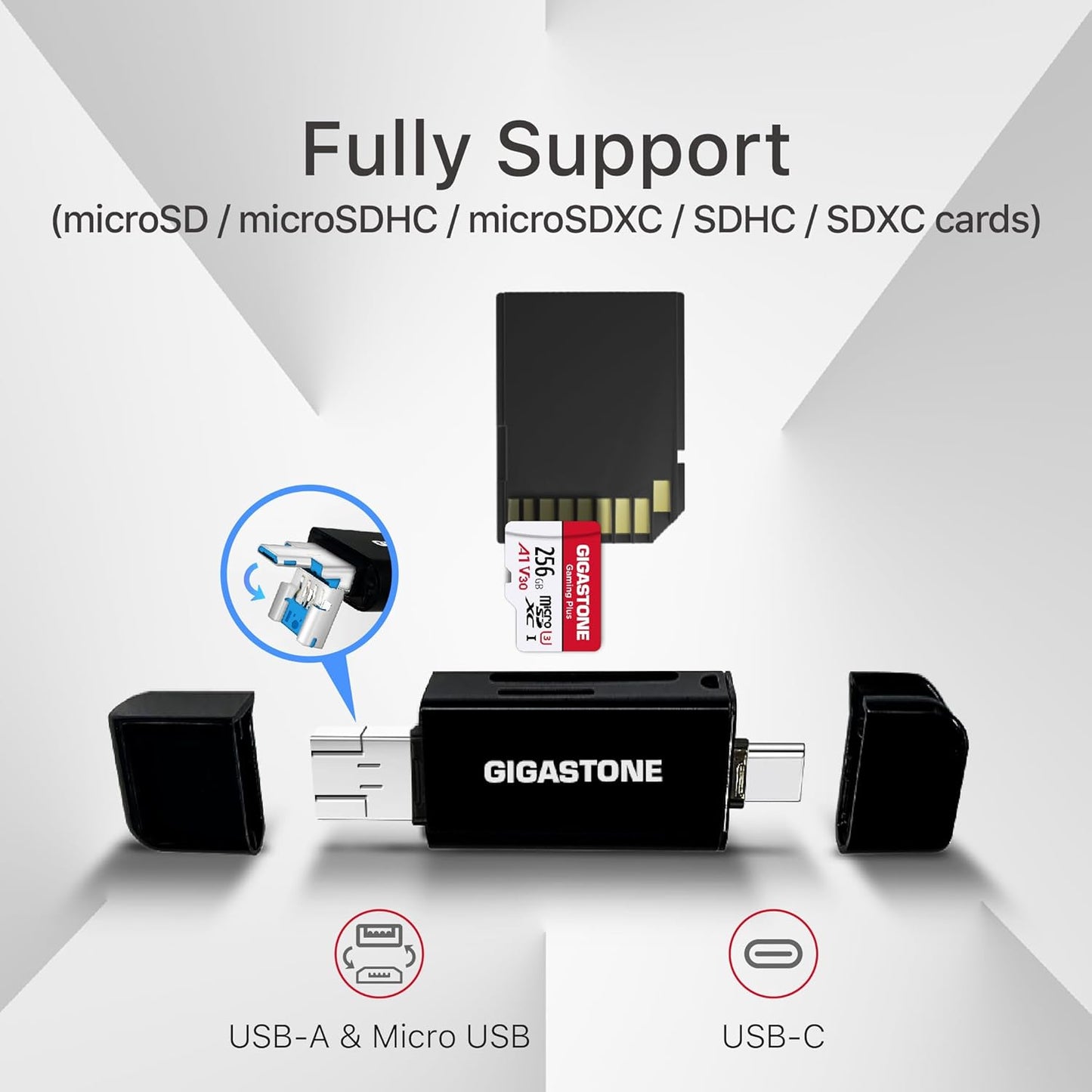 [5-Yrs Free Data Recovery] GIGASTONE 256GB SD Card with USB Type C Card Reader, 4K Camera Pro, A1 V30 U3 SDXC Memory Card Compatible with Canon Digital Camera, with 1 Mini case