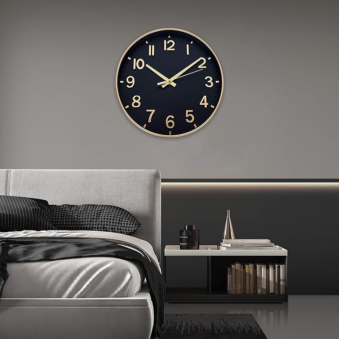 HZDHCLH Wall Clocks Battery Operated,Wall Clock Black Gold,12 inch Wall Clock Silent Non Ticking Modern 3D Numbers for Kitchen Bedroom Living Room Office Classroom Decor