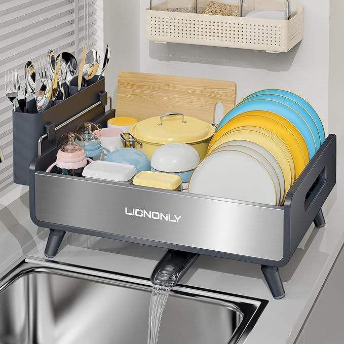 Dish Drying Rack with Drain Board, 304 Stainless Steel Core, Aluminum Rustproof Frame, Anti-Slip Elevated Feet, Removable Adjustable Spout, Utensil Holder, Gray