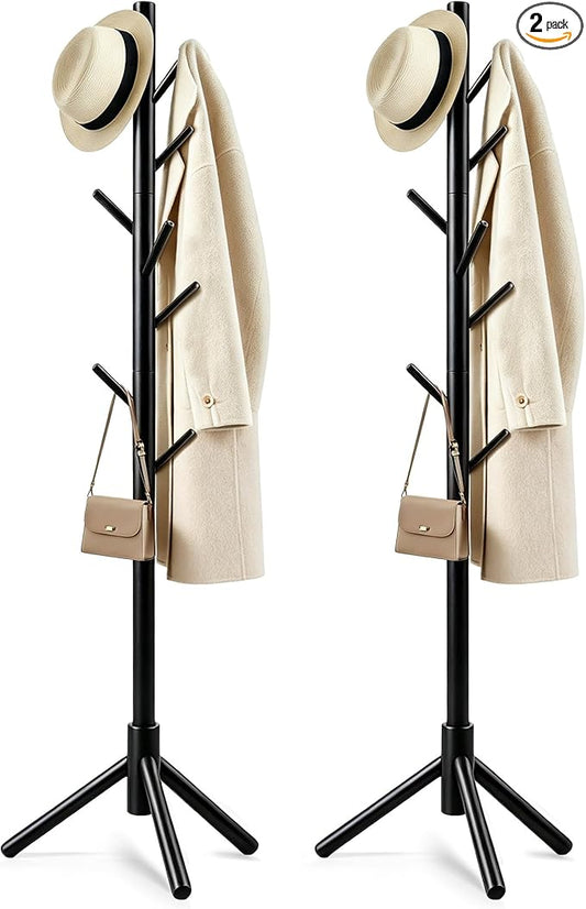 2 PC Wooden Coat Rack Freestanding with 8 Hooks & 3 Adjustable Sizes for Clothes, Space-Saving Design for Bedroom Office Entrance Holds Hats Coats Scarves Bags