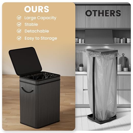 80 Liter/21 Gallon Large Trash Can with Lid, Garbage Bin Wastebasket made of bamboo, Outdoor Garbage Can/Waste/ Basket Bin for Home, Office, Bathroom, Kitchen 24" HX15.8 WX11.8 D (Advanced Black)
