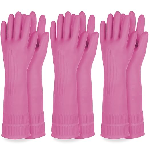 DABOGOSA Mamison 2 Pairs Reusable Waterproof Household Dishwashing Cleaning Rubber Gloves, Non-Slip Kitchen Glove (Pink, Large (Pack of 3))