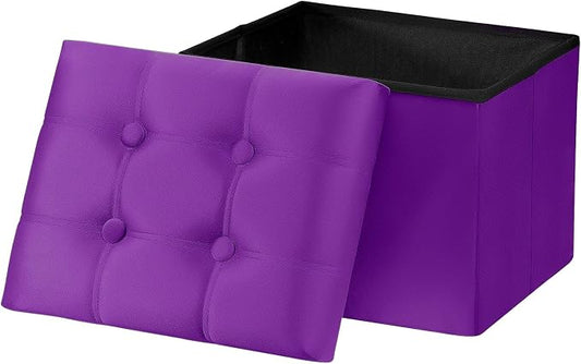 AmasSmile Storage Ottoman Foot Rest Stool, 17 inch Velvet Footstool Bench, Short Ottomans Stool, Small Folding Storage Ottoman Store Books, Records, Purple