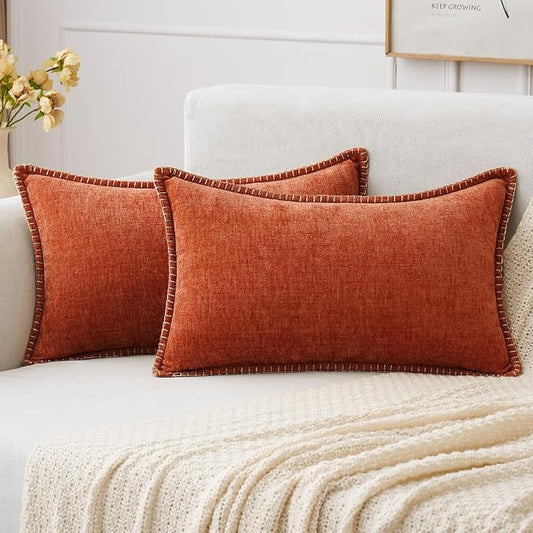 MIULEE Pack of 2 Fall Lumbar Throw Pillow Covers 12x20 Inch Rust Farmhouse Decorative Pillow Covers with Stitched Edge Soft Chenille Solid Dyed Pillow Covers for Couch Sofa Bed Living Room