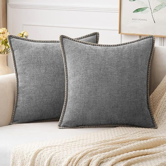 MIULEE Pack of 2 Euro Sham Pillow Covers 24x24 Inch Dark Gray Farmhouse Decorative Throw Pillow Covers with Stitched Edge Soft Chenille Solid Dyed Pillow Covers for Bed Sofa Couch Living Room