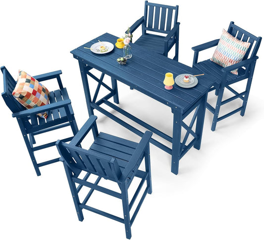 5-Piece HDPE Patio Bar Set, Rectangular Bar Height Table and 4 Adirondack Bar Chairs, All-Season Outdoor Bar Stools Set, Outdoor Bar Table and Chairs Set for Outside, Balcony, Deck, Navy