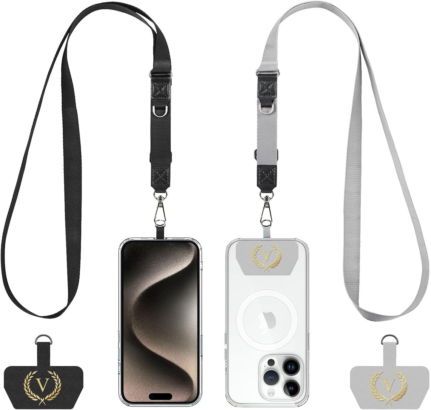 Phone Lanyard 2 Pack, Adjustable Cell Phone Multifuctional Patch Lanyards,Compatible with Most Smartphones and Wallets Keys ID Badges Travel Essentials(Black+Gray) (Lanyard Letter Sign V)