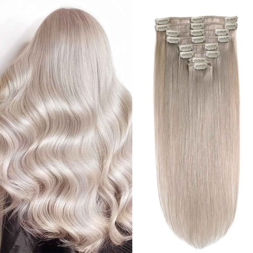 Clip in Hair Extensions Real Human Hair Clip in Extensions for Women Seamless Invisible Light Grey Natural Remy 100% Human Clips ins Extension 8pcs Double Weft 22 inch 4oz/110g