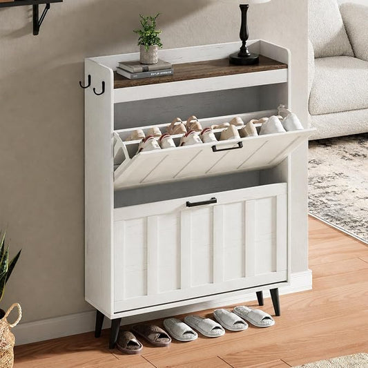 ChooChoo Shoe Storage Cabinet with 2 Flip Drawers, Farmhouse Shoe Organizer Storage for Entryway, Freestanding Hidden Slim Narrow Shoe Rack Cabinet, Antique White & Brown