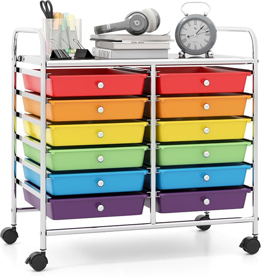 Giantex 12 Drawers Rolling Cart, Mobile Storage Drawer Cart, Classroom Organizer Cart for Office School Supplies Tools Scrapbook Paper Craft Small Printer, Utility Cart on Wheels, Multicolor