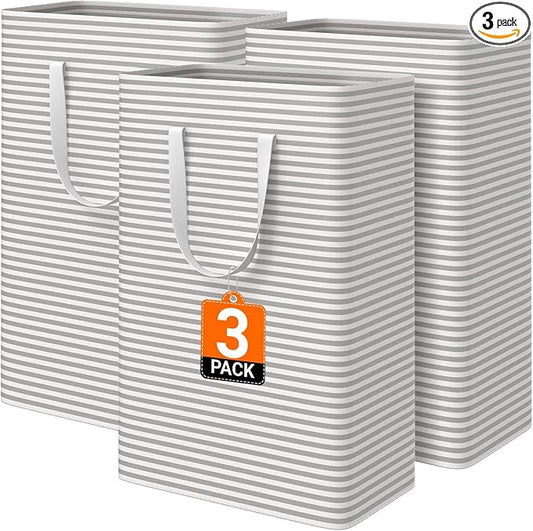 3 Pack Large Laundry Basket,Waterproof & Freestanding Laundry Hamper,Collapsible Clothes Hampers with Easy Carry Long & Reinforced Handles in Bathroom,College Dorm(125Lx3,Gray)
