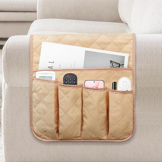 Armchair Caddy for Recliner, Couch Caddy Storage Organizer with 5 Pockets, Non Slip Sofa Arm Organizer for Remote Controls, Phone, Magazines, Tablet (Light Khaki)