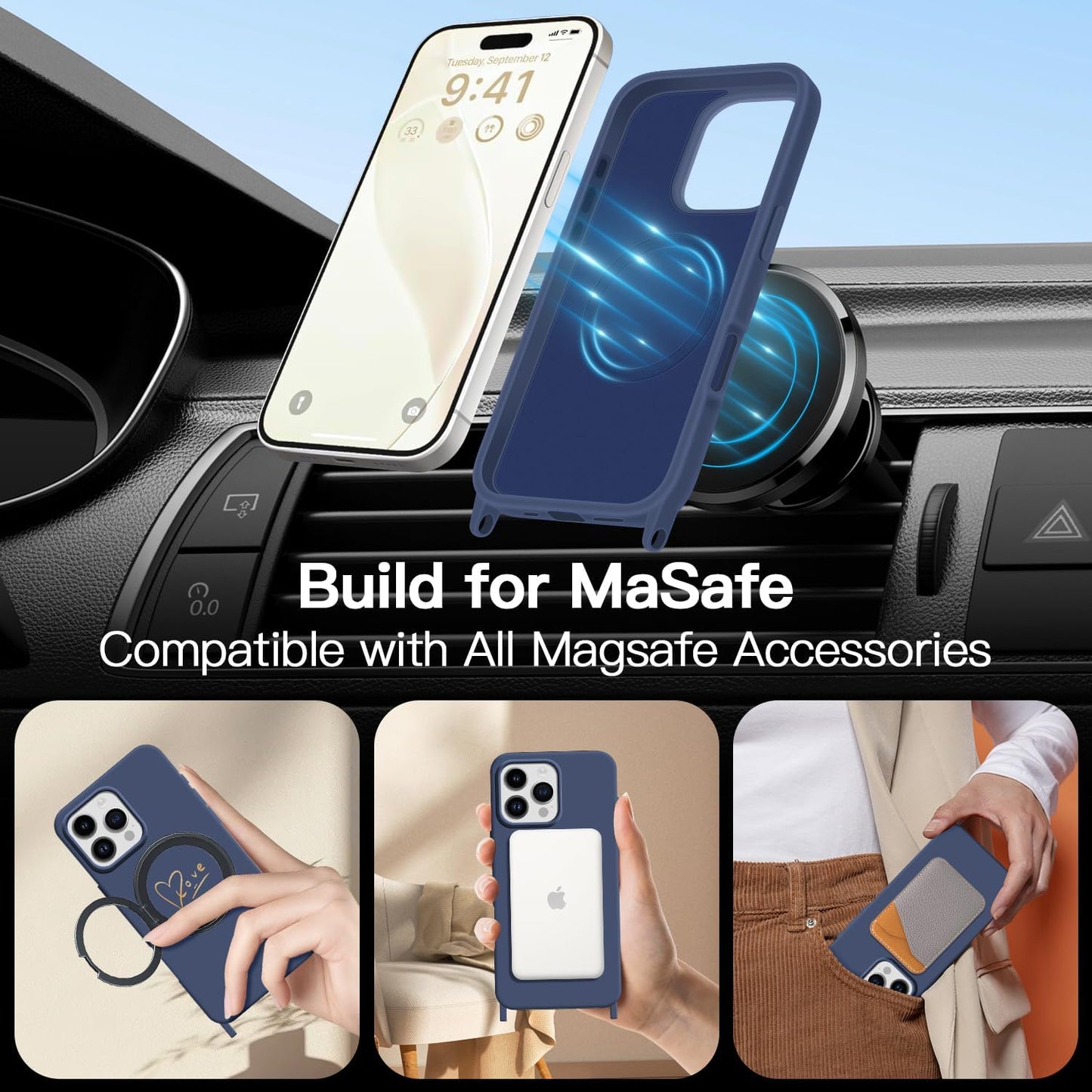 Crossbody Case for iPhone 16 Pro Max with Strap, [Compatible with MagSafe], Cute Love Heart Silicone Phone Case with Neck Lanyard for Girls Women