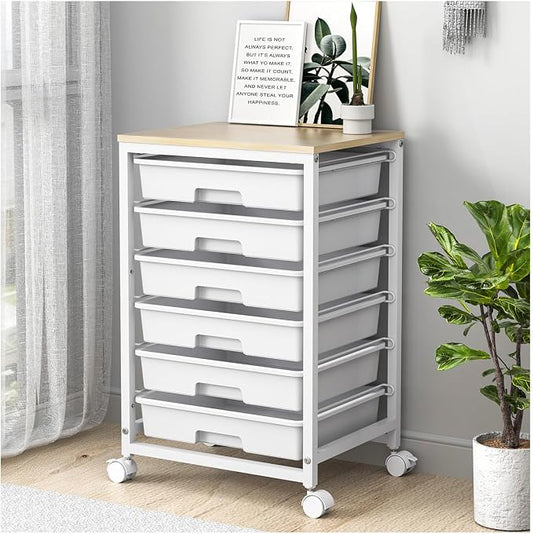 SYKIARIOL Rolling Cart with Drawers,Utility Cart with 6 Drawers,Rolling Storage Cart with Drawers and Wooden Tabletop & Lockable Wheel,White
