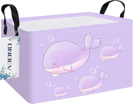 Rectangular Purple Whale Pattern Storage Bin, Decorative Canvas Laundry Basket with Dual Handles, Foldable Household Toy Organizer, Multipurpose Party Gift Basket for Bedroom Dorm