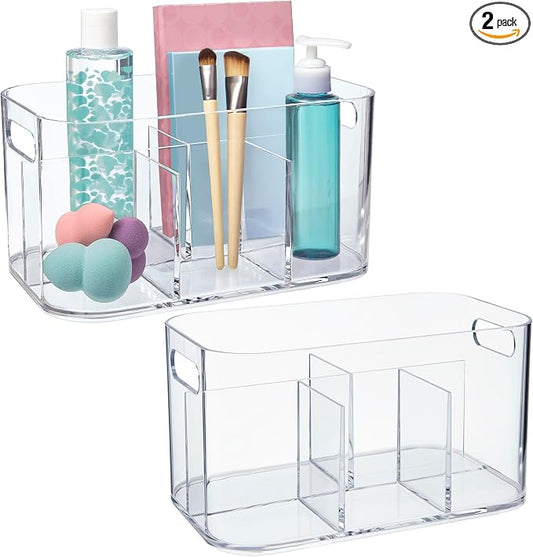 STORi Bliss 5-Compartment Plastic Cosmetics Storage Organizer, Set of 2 | Clear | Rectangular Divided Makeup Bin & Vanity Caddy with Pass-Through Handles | Round Corner Design | Made in USA