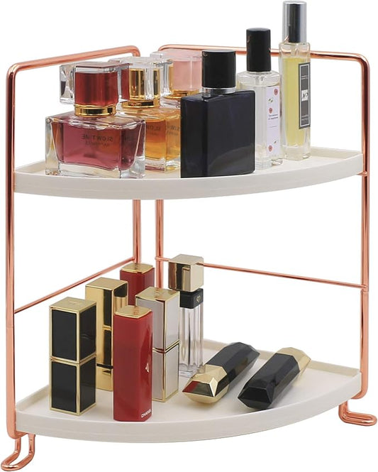 2-Tier Bathroom Countertop Organizer - Vanity Tray Cosmetic & Makeup Storage- Kitchen Spice Rack Standing Shelf - Corner Storage Shelf, Rose Gold