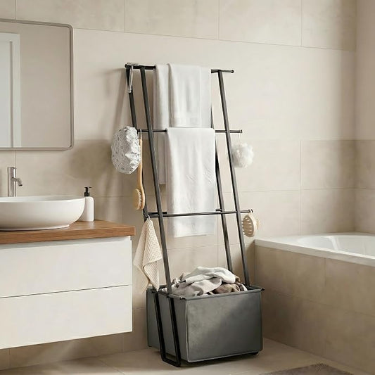 2-in-1 Leaning Blanket Ladder with Storage Basket, Matte Black Metal Towel Rack Stand, Drill-Free Space Saving Organizer for Bathroom & Bedroom Throws, 63"