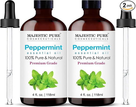 Majestic Pure Essential Oil with Glass Dropper - 100% Pure and Natural - Essential Oils for Diffuser, Aromatherapy, Soap and Candle Making, Peppermint Essential Oil, Peppermint Oil, 4 Fl Oz Pack of 2