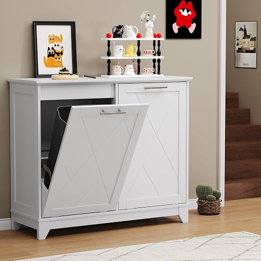 Double Tilt Out Trash Can Cabinet with Charging Station, Negative Ion Odor Control, Hidden Dual 10-Gallon Recycling Cabinet, Dog Proof Garbage Can for Kitchen, Laundry, Dining Room,White