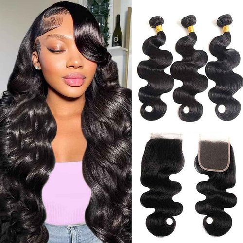 Bundles with Closure Human Hair 16 18 20+14 Inch 100% Unprocessed Brazilian Virgin Hair Extensions 3 Bundles with 4x4 HD Lace Closure Natural Black