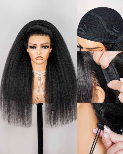 Megalook hair Yaki Straight Half Wig Human Hair Drawstring Ponytail Wig 3 In 1 Beginner Friendly No Lace Flip Over Half Wig Headband Wig Human Hair 200% Density Glueless Wigs for Women 20 Inch