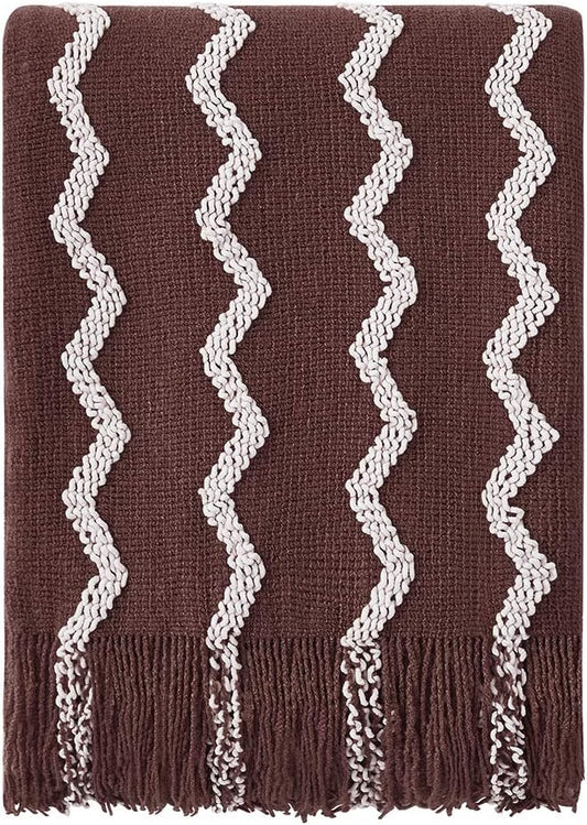 BOURINA Fluffy Chenille Knitted Fringe Throw Blanket Lightweight Soft Cozy for Bed Sofa Chair Throw Blankets, Brown 60"x80"
