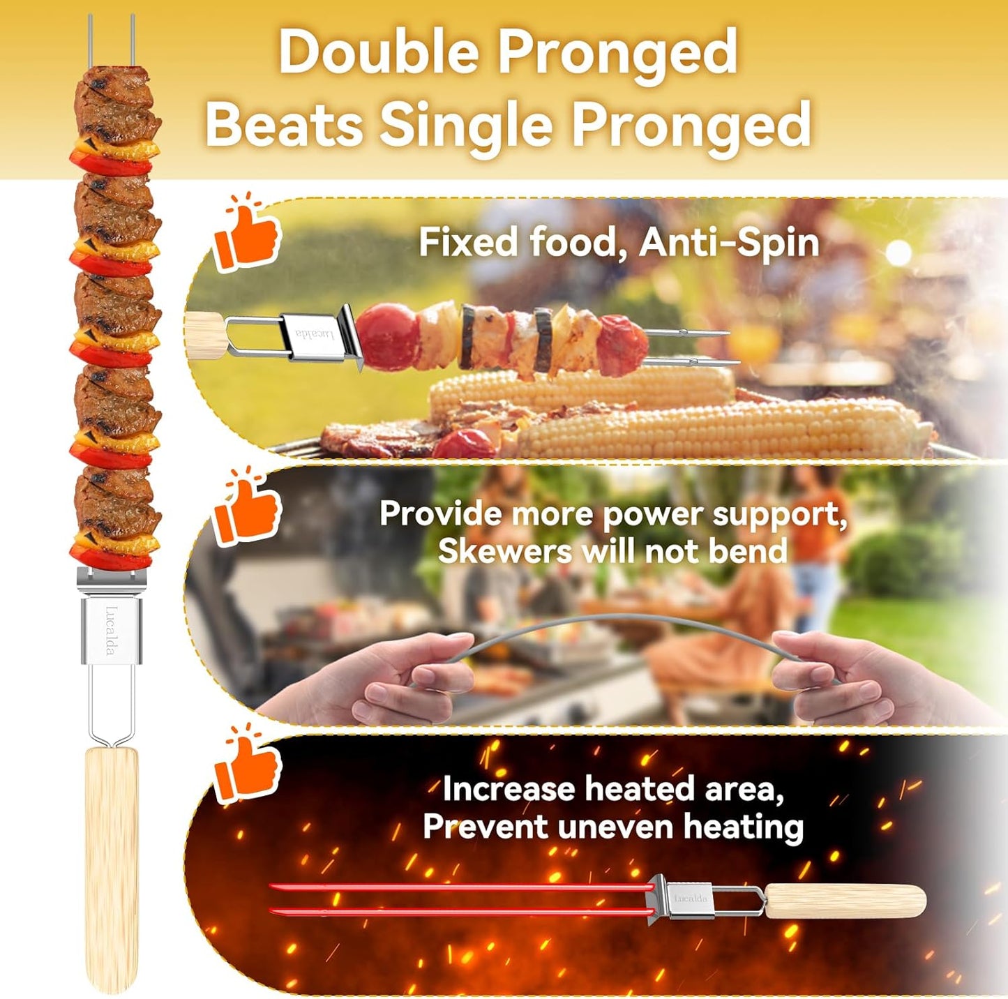 Skewers for Grilling, 17" (6 Pcs) Wooden Handle Double Pronged Stainless Steel Flat Kabob Skewers with Push Bar, Reusable Long Metal Skewer Sticks for Meat Chicken Vegetable, BBQ Accessories