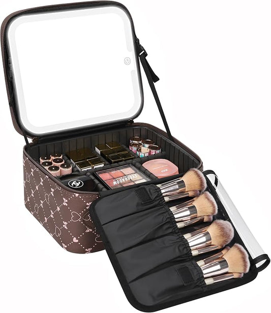 Relavel Travel Makeup Bag With LED Mirror, Portable Cosmetic Organizer Bag with Adjustable Brightness in 3 Color Scenarios, Small Train Case with Detachable Dividers for Trip- Brown Bowknot