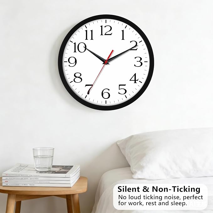 DAXSMY 8 Inch Wall Clock - Battery Operated, Silent Non-Ticking Analog Sweep Movement - Easy to Read Numbers for Home, Office, Kitchen, Classroom (Black)