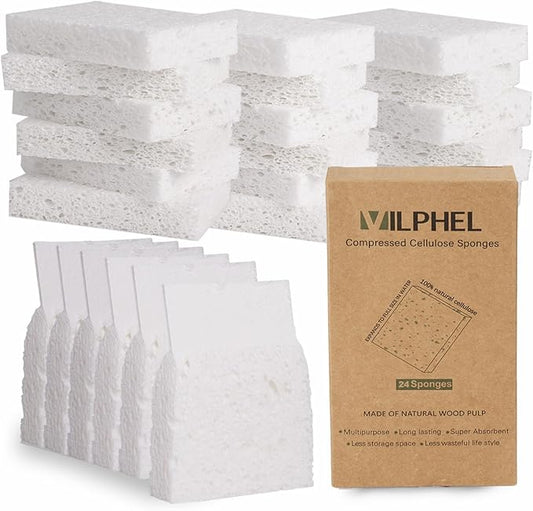 White Plant Based Sponges for Kithcen, 24 Count, Dehydrate, Natural, Organic, Non Abrasive, No odor, Durable Washable Recycled Soft Bio-Based Cellulose Sponge for Washing Dishes and Countertop
