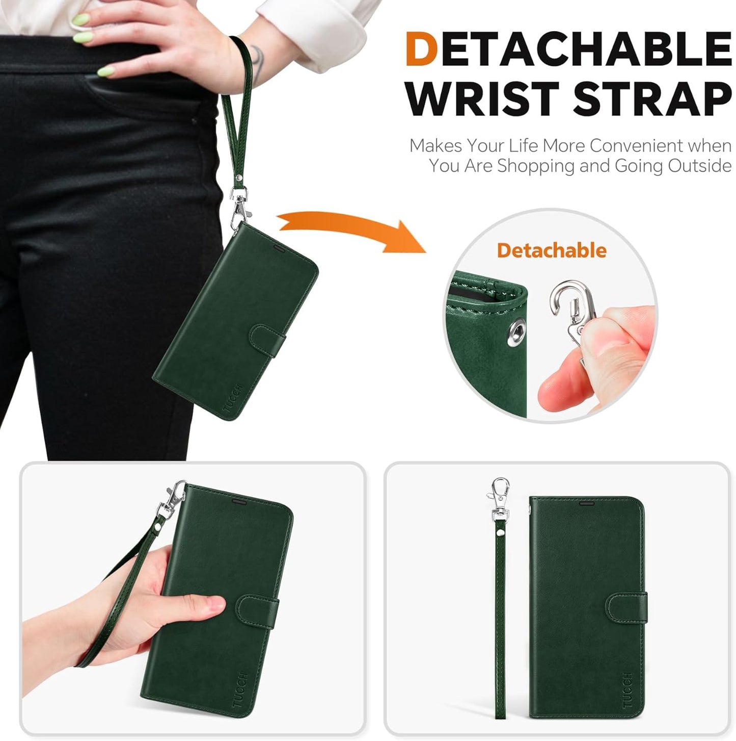 TUCCH Wallet Case for Galaxy S25 Plus, [Removable] 2 in 1 [Wireless Charging] Wrist Strap RFID Blocking [4 Card Holder] PU Leather Stand Cover, Magnetic Detachable Folio for Galaxy S25 Plus, Evergreen