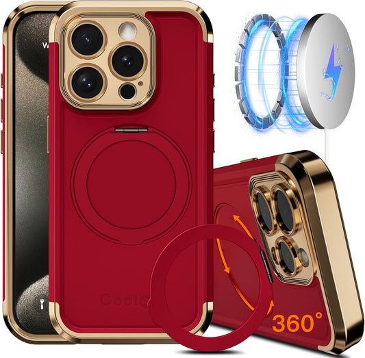 COOLQO for iPhone 14 Pro Max Case 6.7'' Upgraded 360° Spin Magnetic Stand [Compatible with Magsafe][Military Protection] Shockproof Protective Phone Holder Cover for iPhone 14 Pro Max, Red Gold