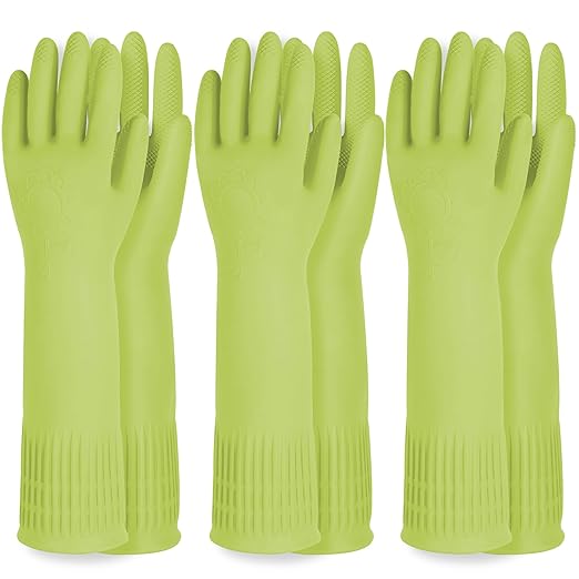 DABOGOSA Reusable Waterproof Household Dishwashing Cleaning Rubber Gloves, Non-Slip Kitchen Glove (Green, Large (Pack of 3))